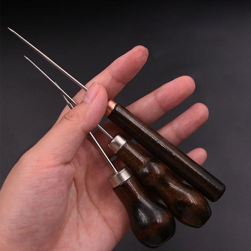 UtySty 3 Pack Scratch Awl Tool with Wooden Handle Gourd Shape Pin Punching for Leather Punch Hole Craft Repair Shoes Sewing Crochet DIY Handmade Stitch - Image 3